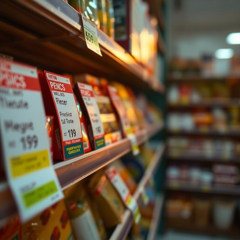 Etichete de preț pe un raft de supermarket din România