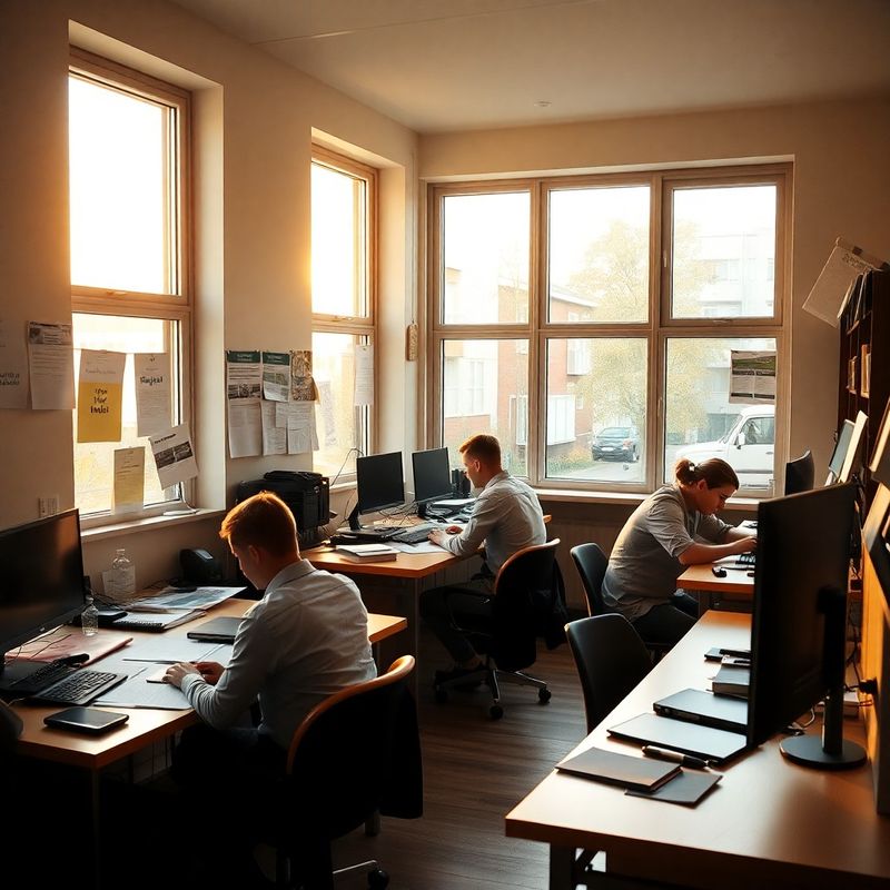 Interior de redacție editorială la Cluj-Napoca cu lumină caldă de după-amiază